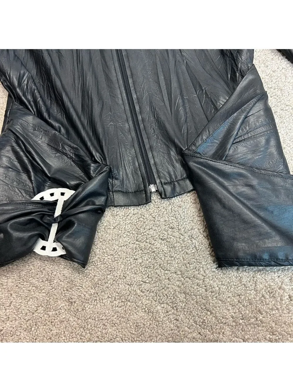 Joseph Ribkoff black faux leather full zip front buckle jacket wrinkled style 6